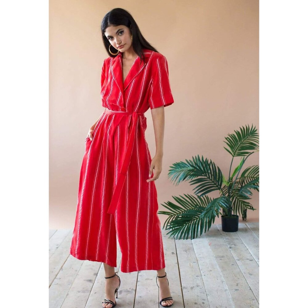 Eva Franco Anthropologie Red Stripe short Sleeve Cropped Wide Leg SummerJumpsuit - Picture 2 of 4